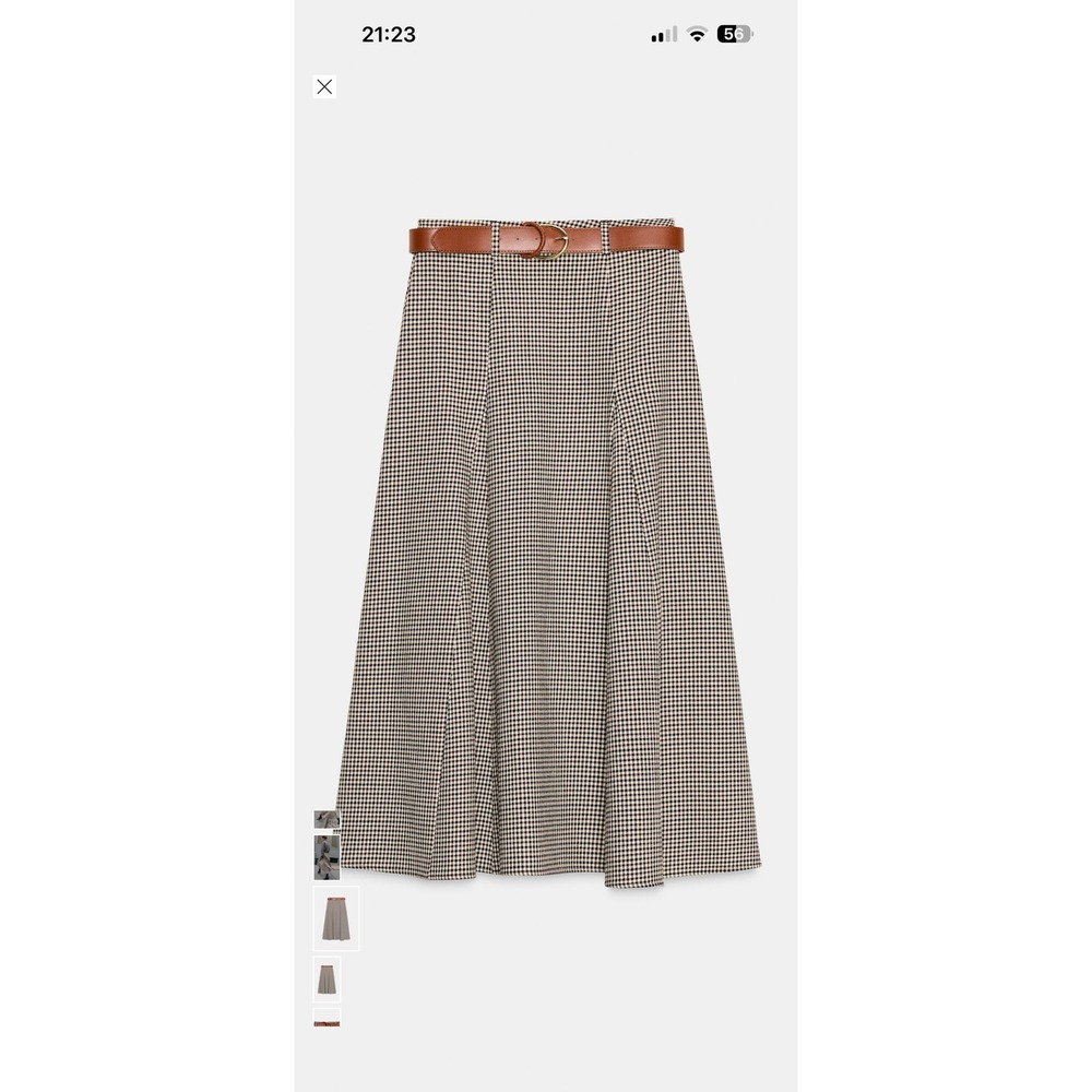 ZARA Houndstooth Midi Skirt Pleated Belted Brown Tan Women Size M